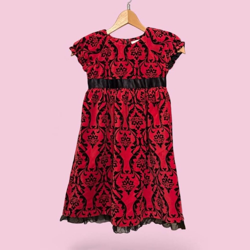 Girls Hanna Andersson Red Velvet Black Brocade Dress‎ Lace Trim-Size 120cm (6/7)